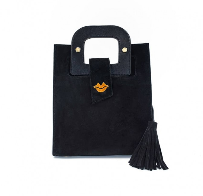 Black suede leather bag ARTISTE, orange mouth embroidery, view 2 | Gloria Balensi