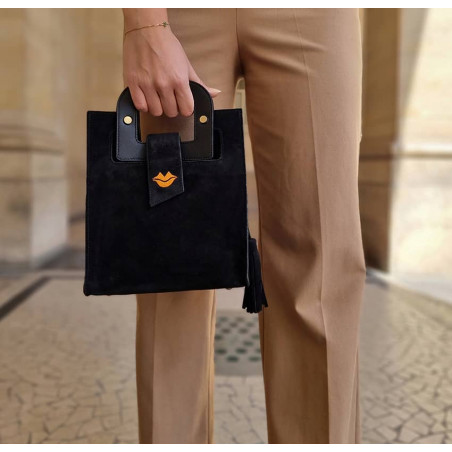 Black suede leather bag ARTISTE, orange mouth embroidery, view 1 | Gloria Balensi