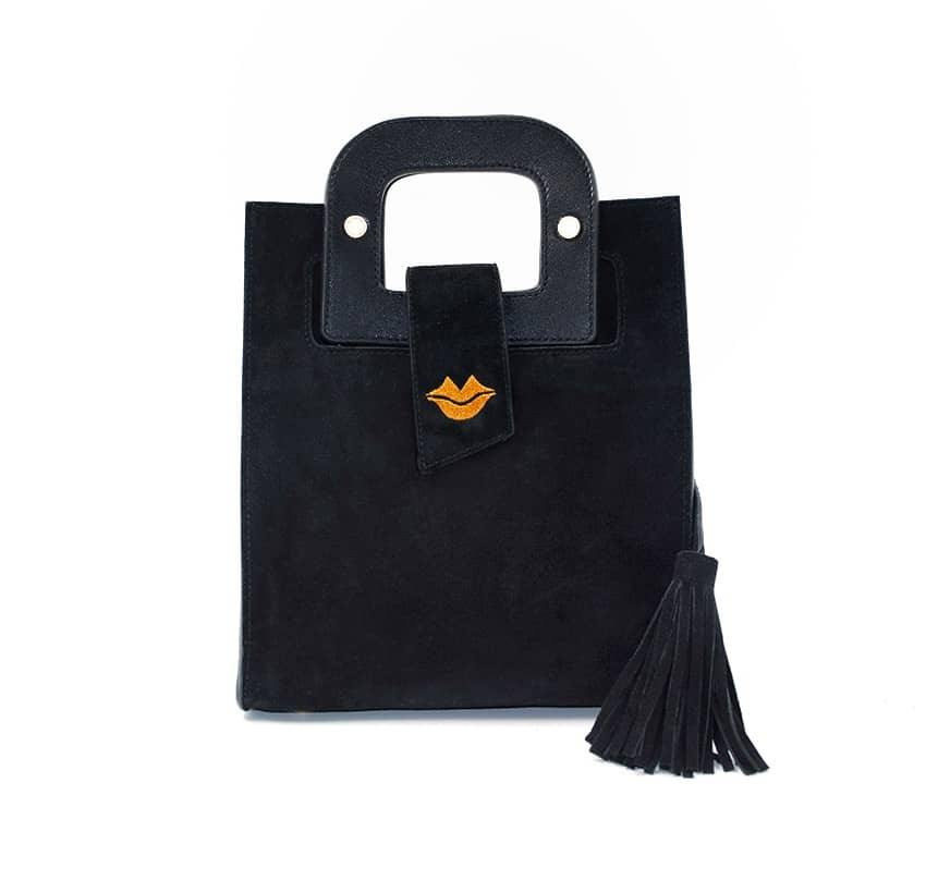 Black suede leather bag ARTISTE, orange mouth embroidery |Gloria Balensi