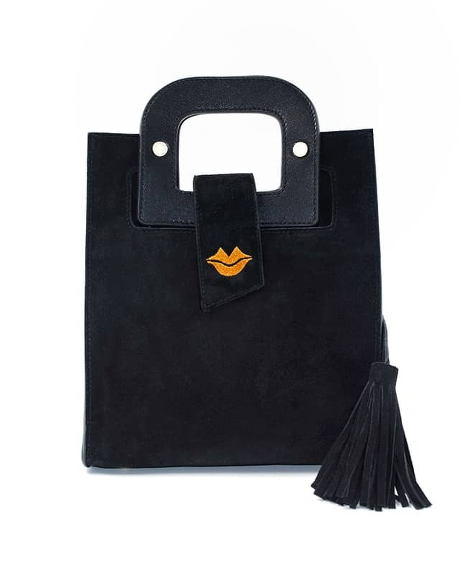 Sac en cuir noir velours ARTISTE, broderie bouche orange |Gloria Balensi