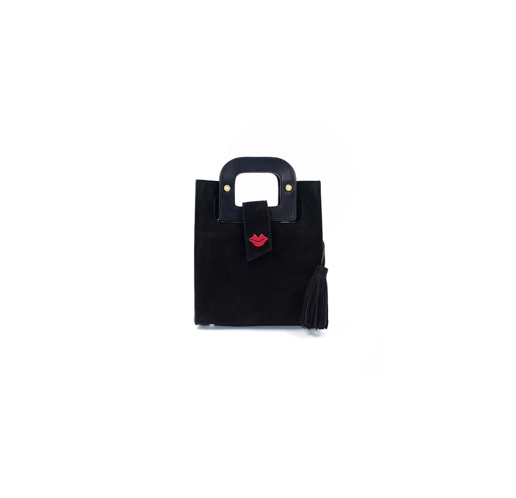 Black suede leather bag ARTISTE, red mouth embroidery |Gloria Balensi