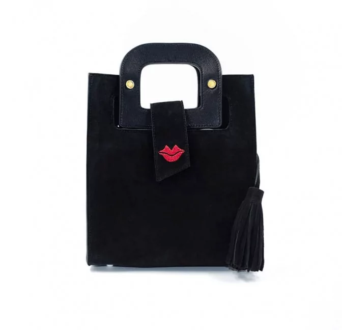 Black suede leather bag ARTISTE, red mouth embroidery |Gloria Balensi