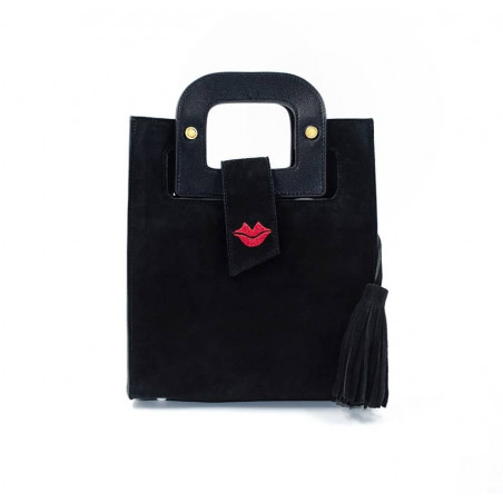 Black suede leather bag ARTISTE, red mouth embroidery, view 1 | Gloria Balensi