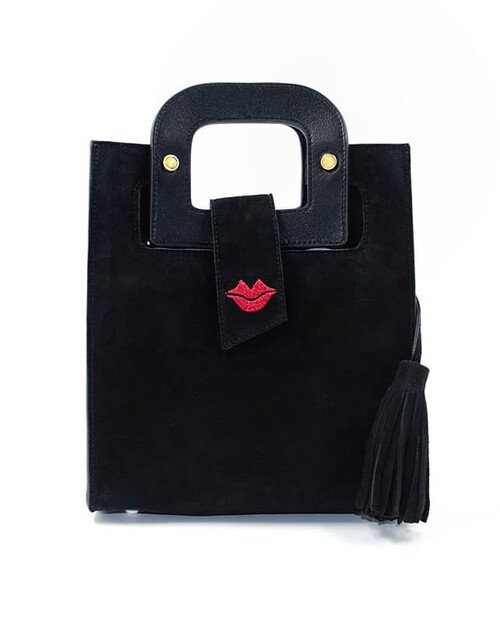 Sac en cuir noir velours ARTISTE, broderie bouche rouge |Gloria Balensi