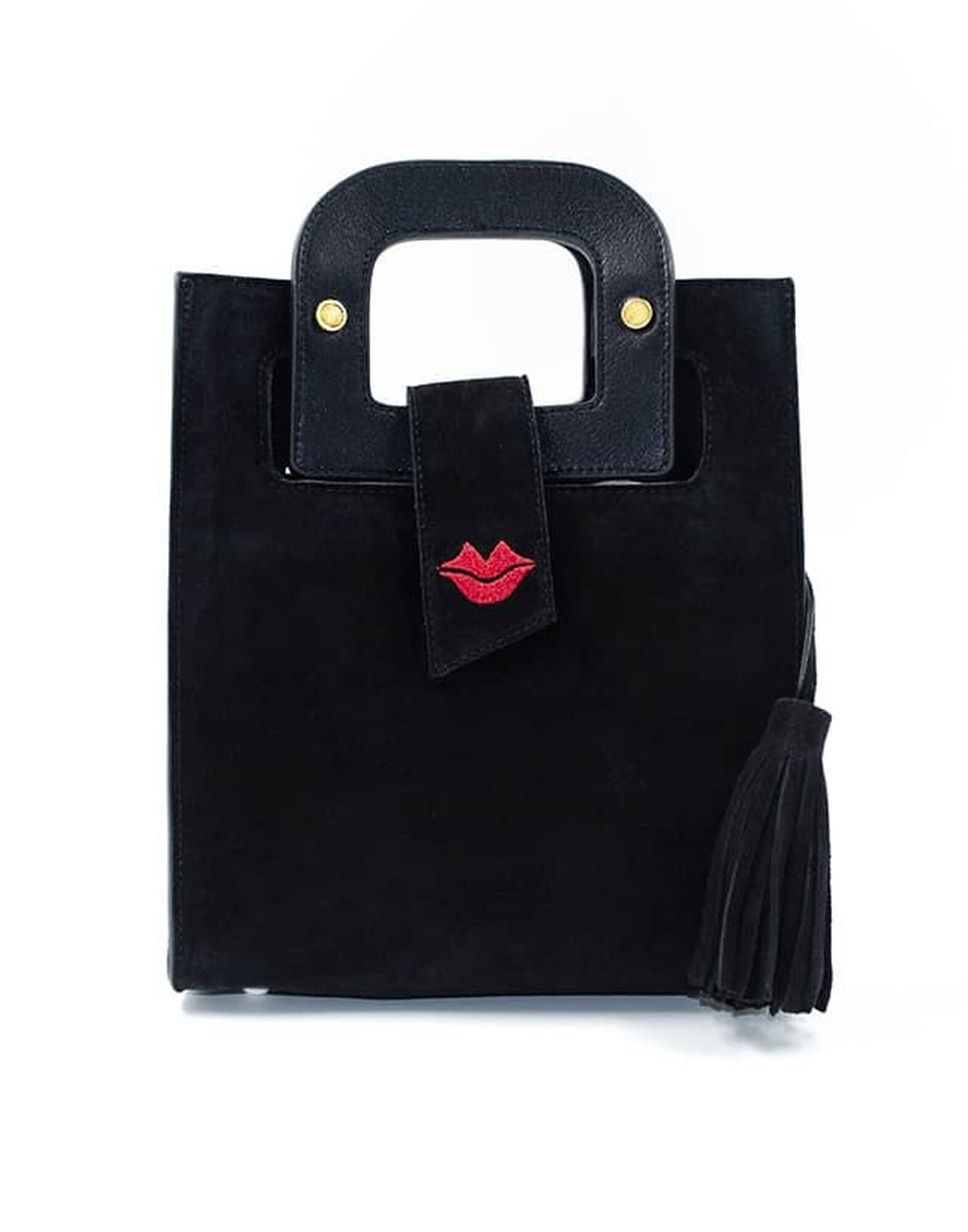 Black suede leather bag ARTISTE, red mouth embroidery |Gloria Balensi