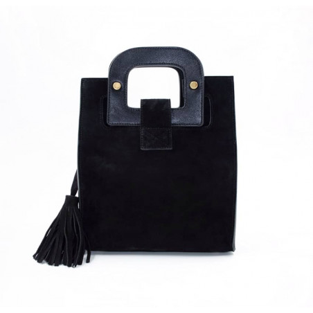 Black suede leather bag ARTISTE, red mouth embroidery, view 4 | Gloria Balensi