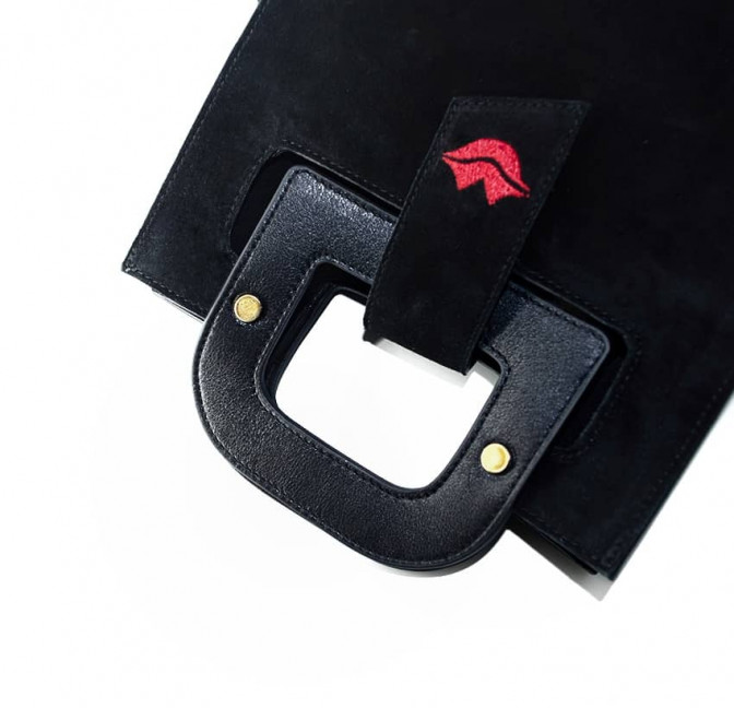 Black suede leather bag ARTISTE, red mouth embroidery, view 3 | Gloria Balensi
