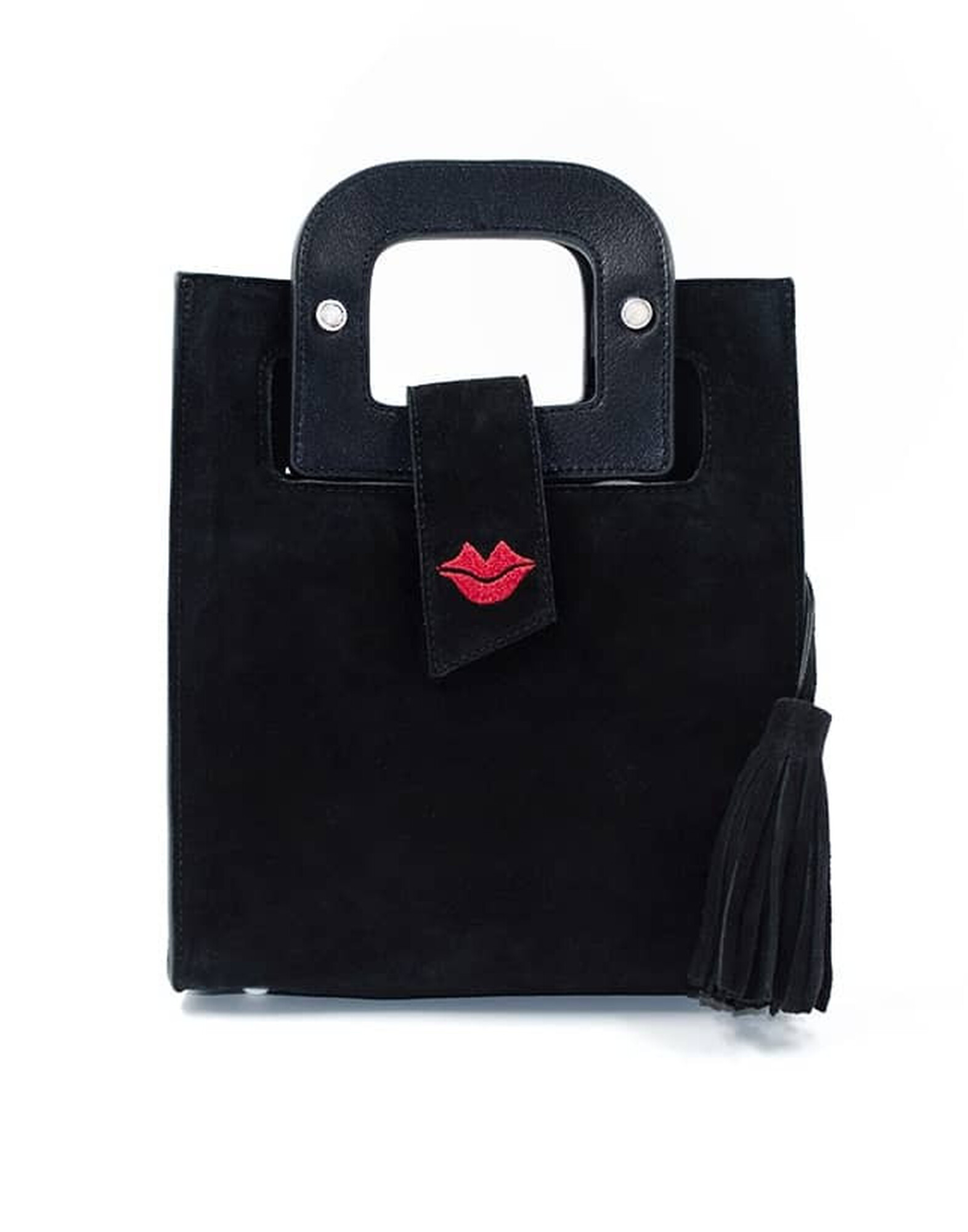 Sac en cuir noir velours ARTISTE, broderie bouche rouge |Gloria Balensi