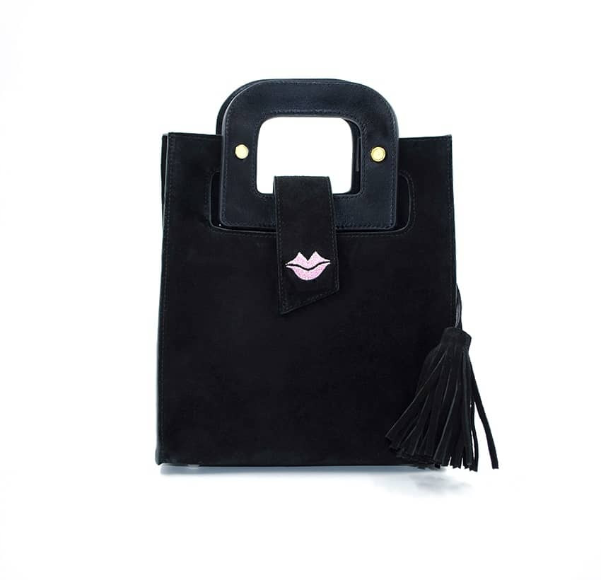 Black suede leather bag ARTISTE, pink mouth embroidery, view 2 | Gloria Balensi