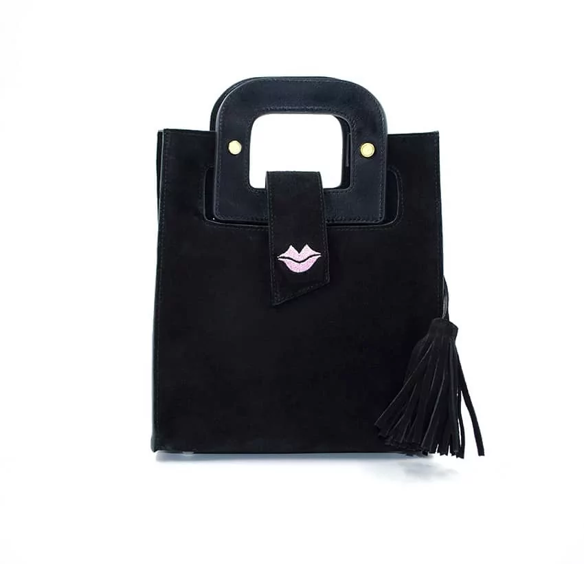 Black suede leather bag ARTISTE, pink mouth embroidery |Gloria Balensi