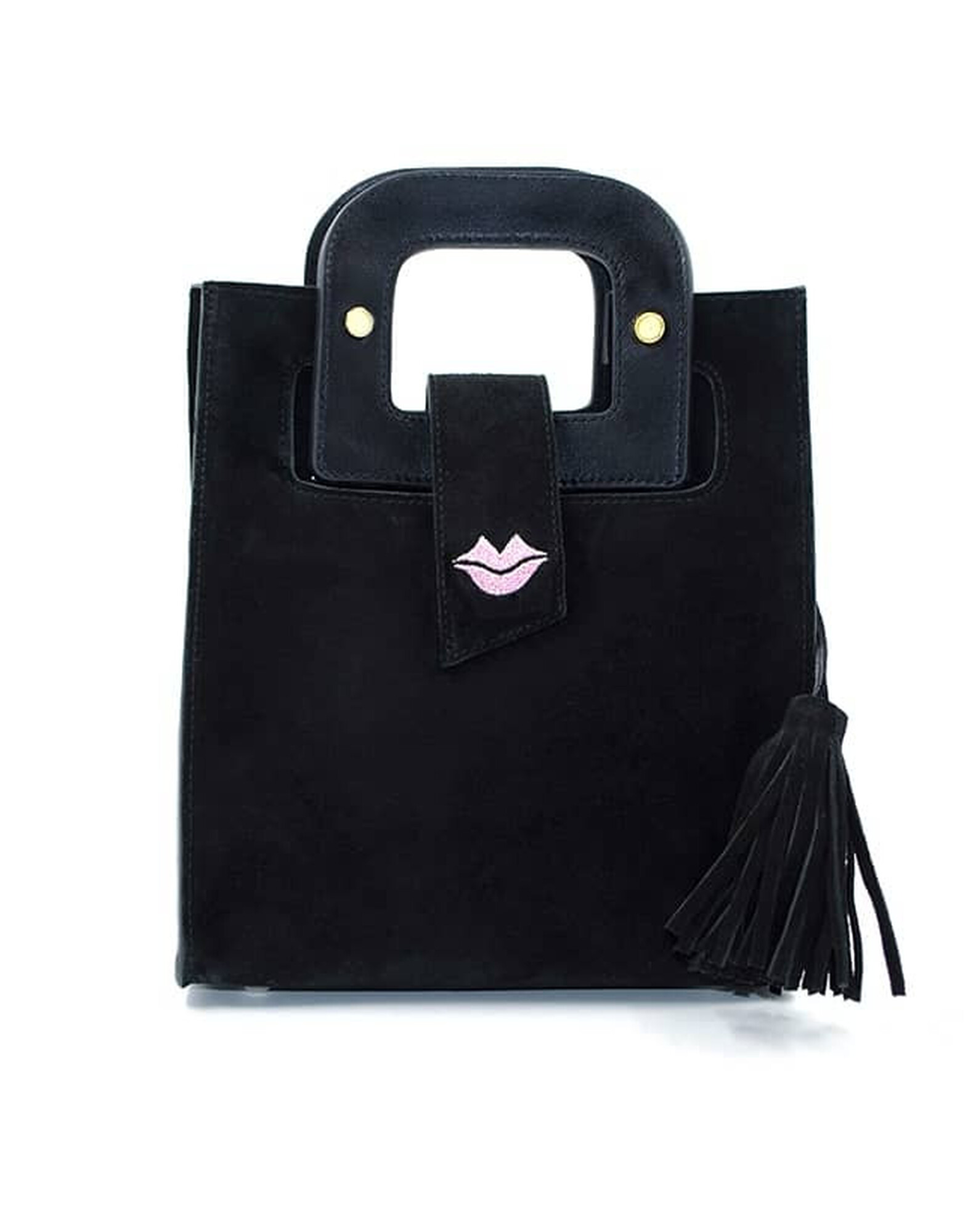 Black suede leather bag ARTISTE, pink mouth embroidery |Gloria Balensi