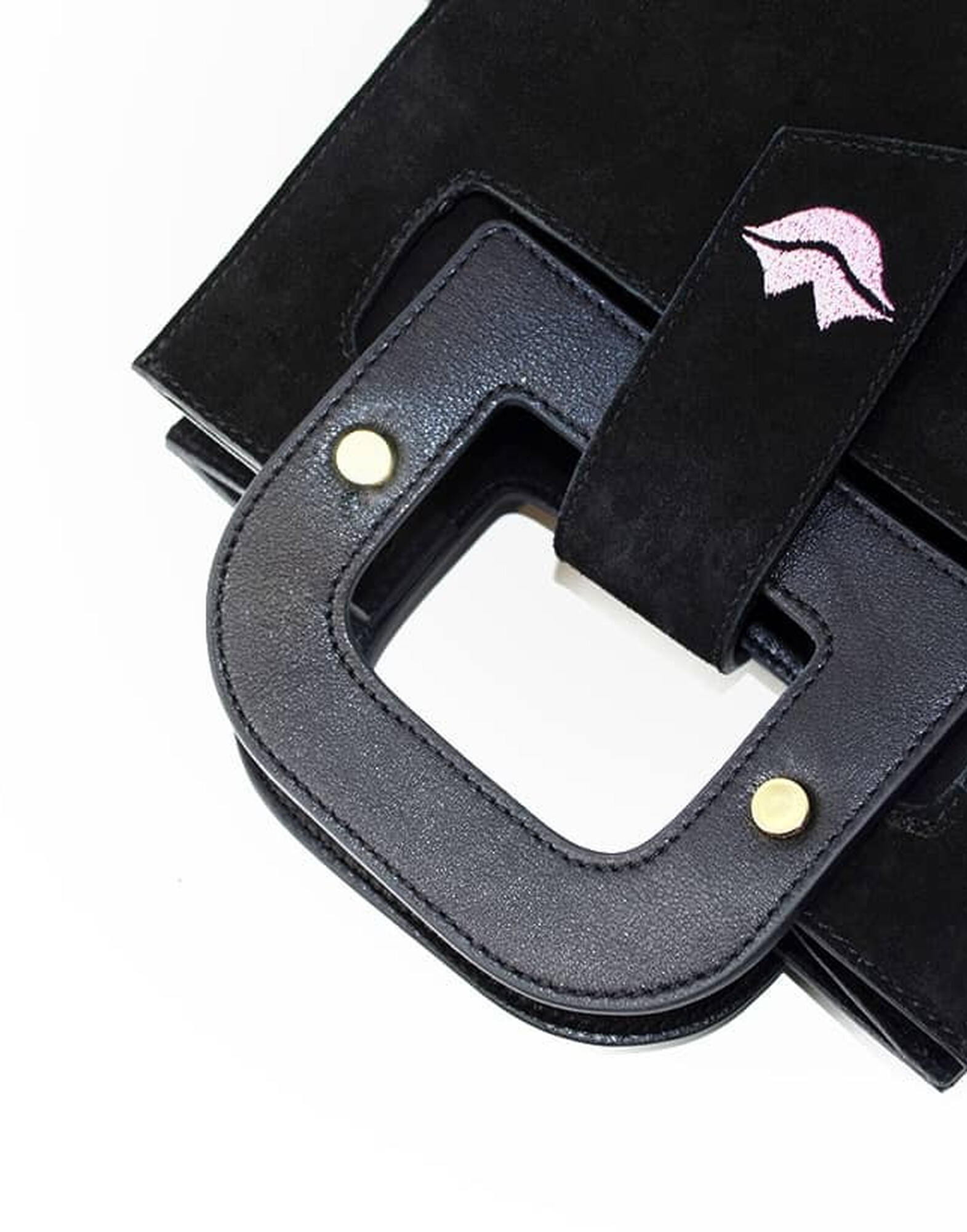 Black suede leather bag ARTISTE, pink mouth embroidery |Gloria Balensi
