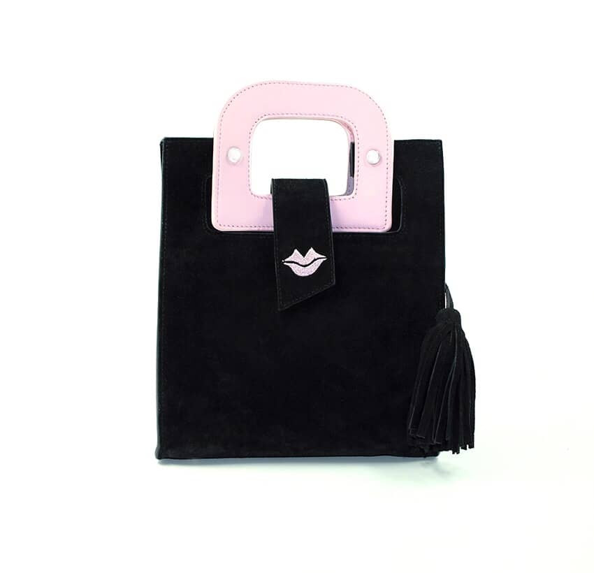 Black suede leather bag ARTISTE, pink handle and mouth embroidery |Gloria Balensi