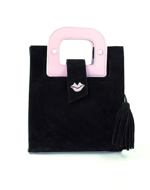 Sac en cuir noir velours ARTISTE, bouche et anses rose |Gloria Balensi