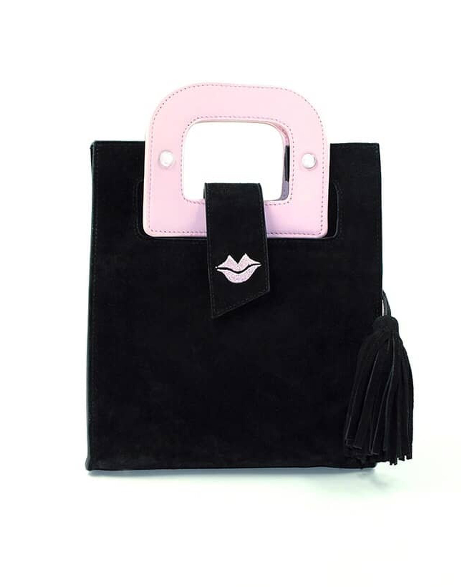 Black suede leather bag ARTISTE, pink handle and mouth embroidery |Gloria Balensi