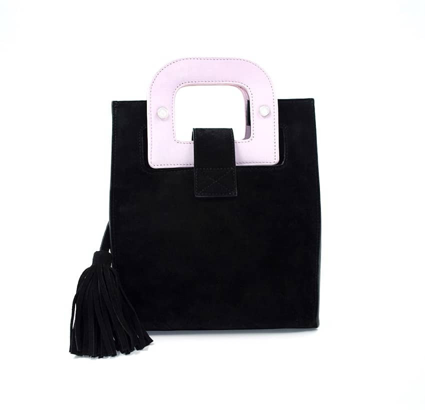 Black suede leather bag ARTISTE, pink handle and mouth embroidery , view 4  | Gloria Balensi
