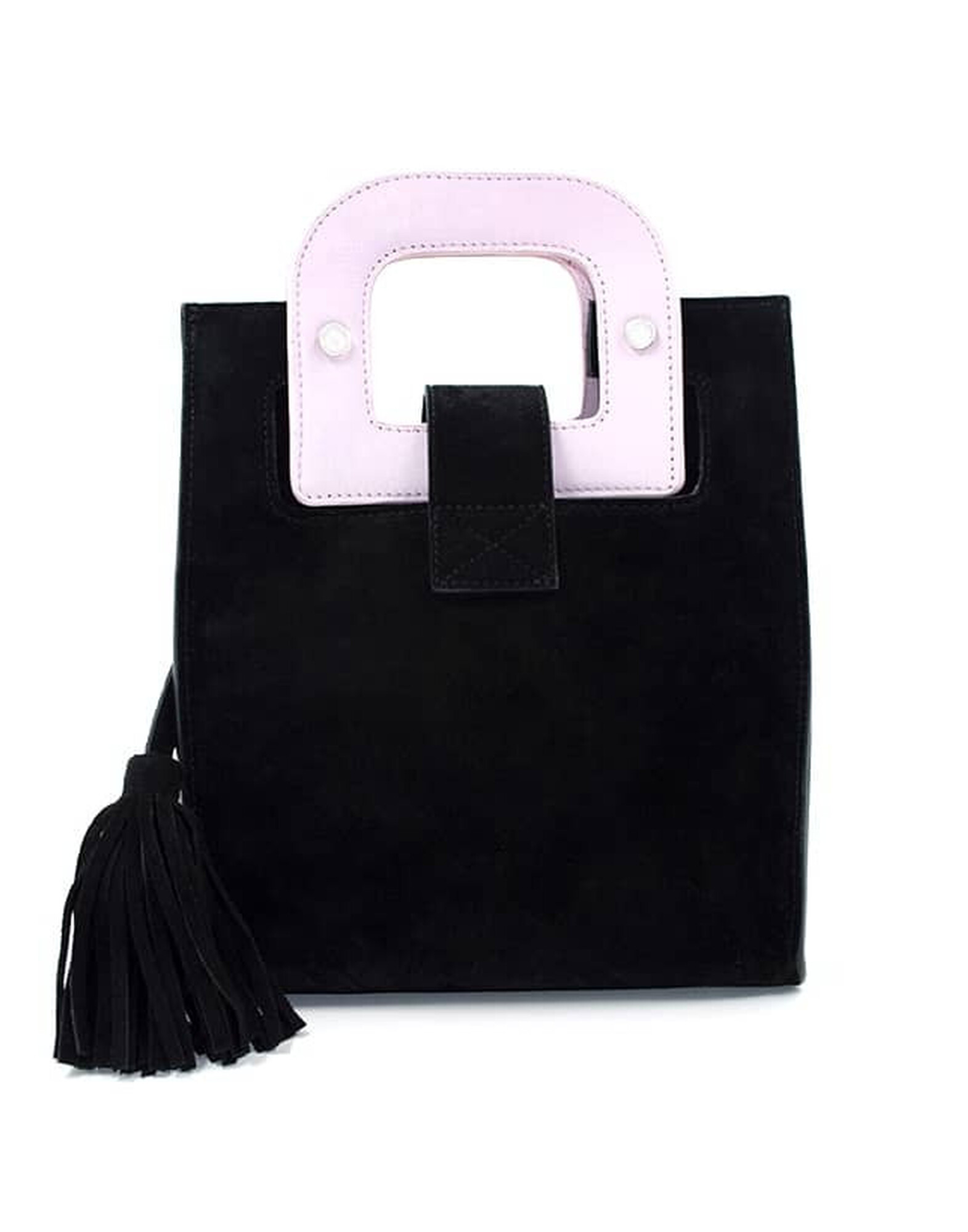 Black suede leather bag ARTISTE, pink handle and mouth embroidery |Gloria Balensi