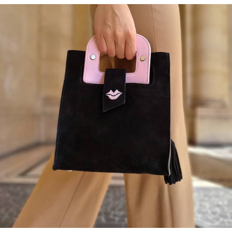 Black suede leather bag ARTISTE, pink handle and mouth embroidery , view 2  | Gloria Balensi