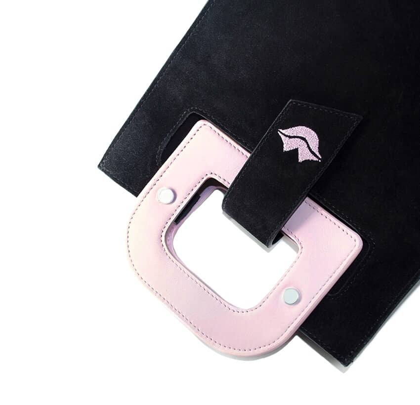 Black suede leather bag ARTISTE, pink handle and mouth embroidery , view 3  | Gloria Balensi