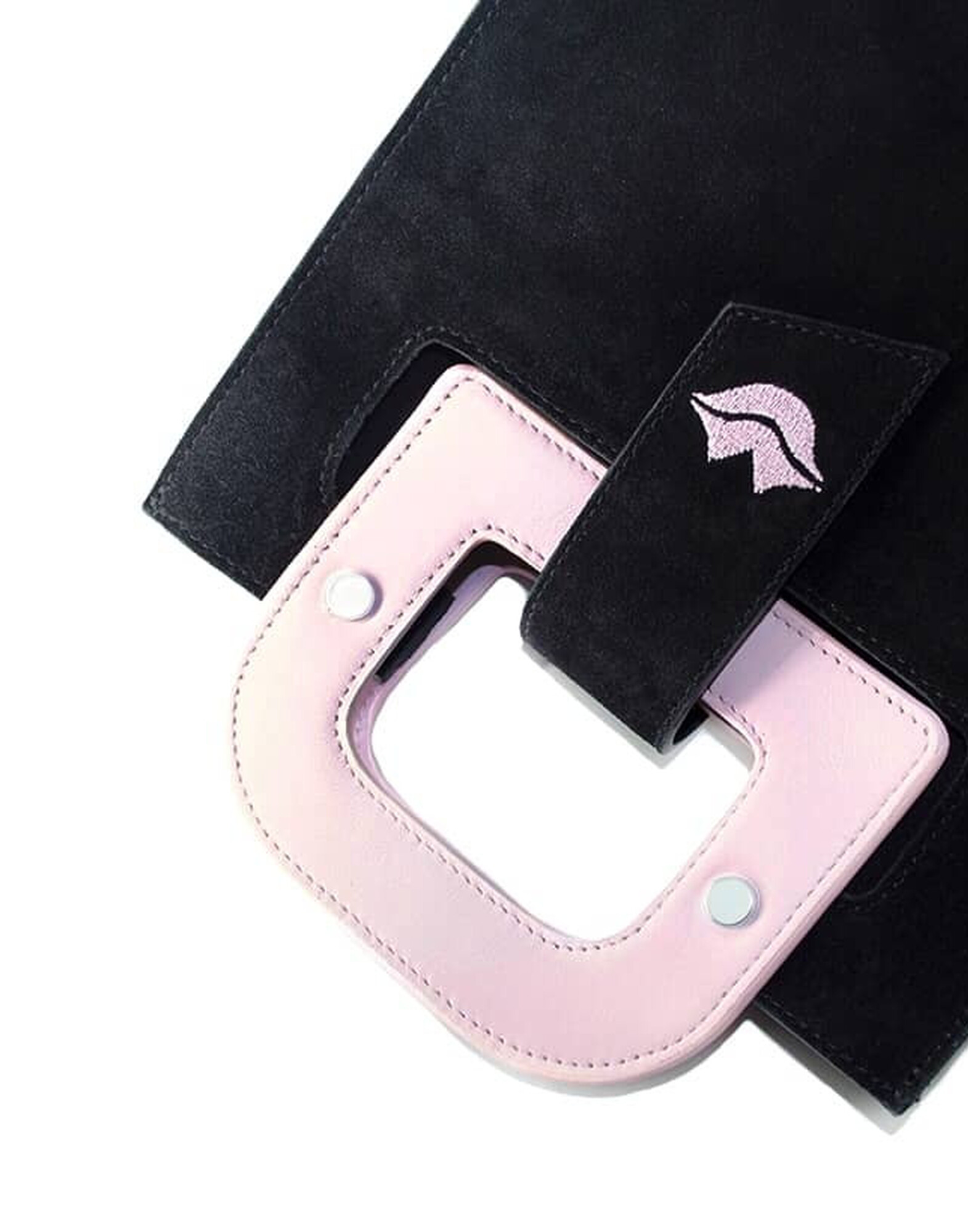 Black suede leather bag ARTISTE, pink handle and mouth embroidery |Gloria Balensi