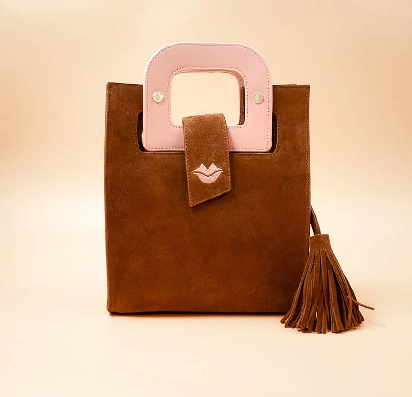 Camel beige suede leather bag ARTISTE, pink handle and mouth embroidery , view 1  | Gloria Balensi