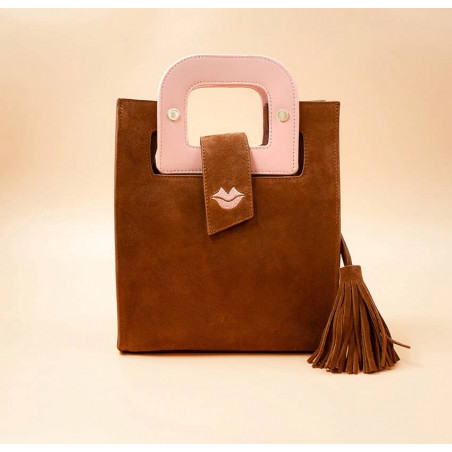 Camel beige suede leather bag ARTISTE, pink handle and mouth embroidery , view 1  | Gloria Balensi