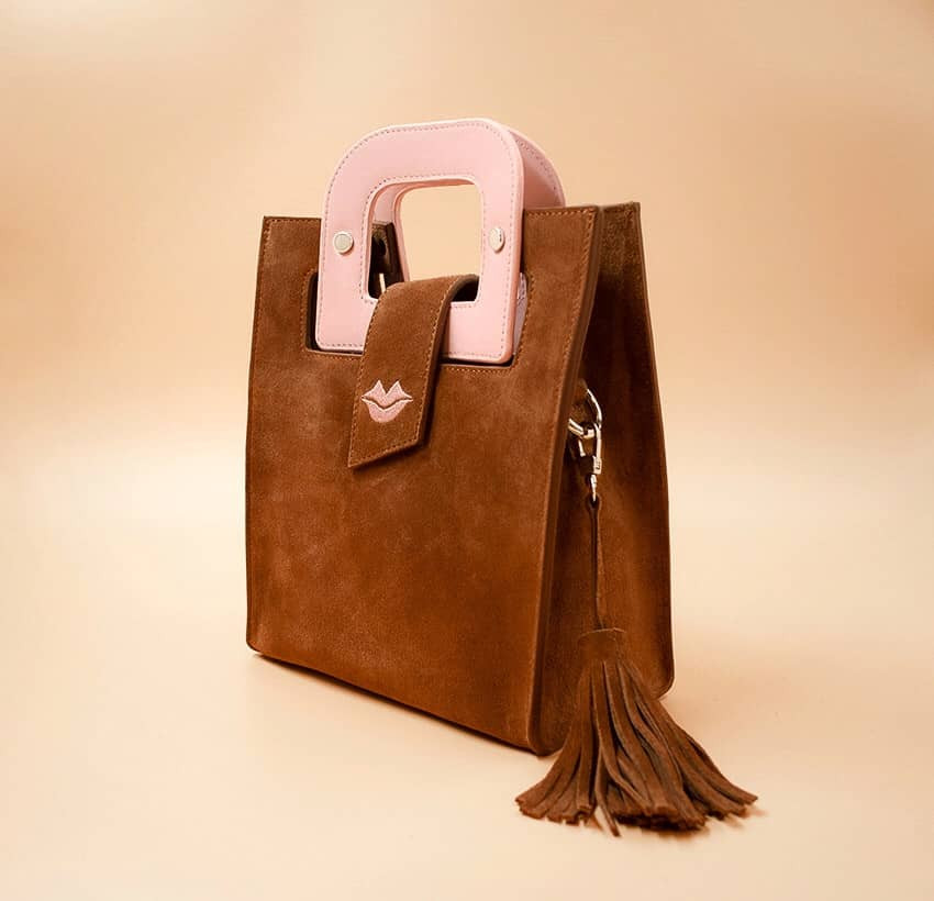 Camel beige suede leather bag ARTISTE, pink handle and mouth embroidery , view 3  | Gloria Balensi