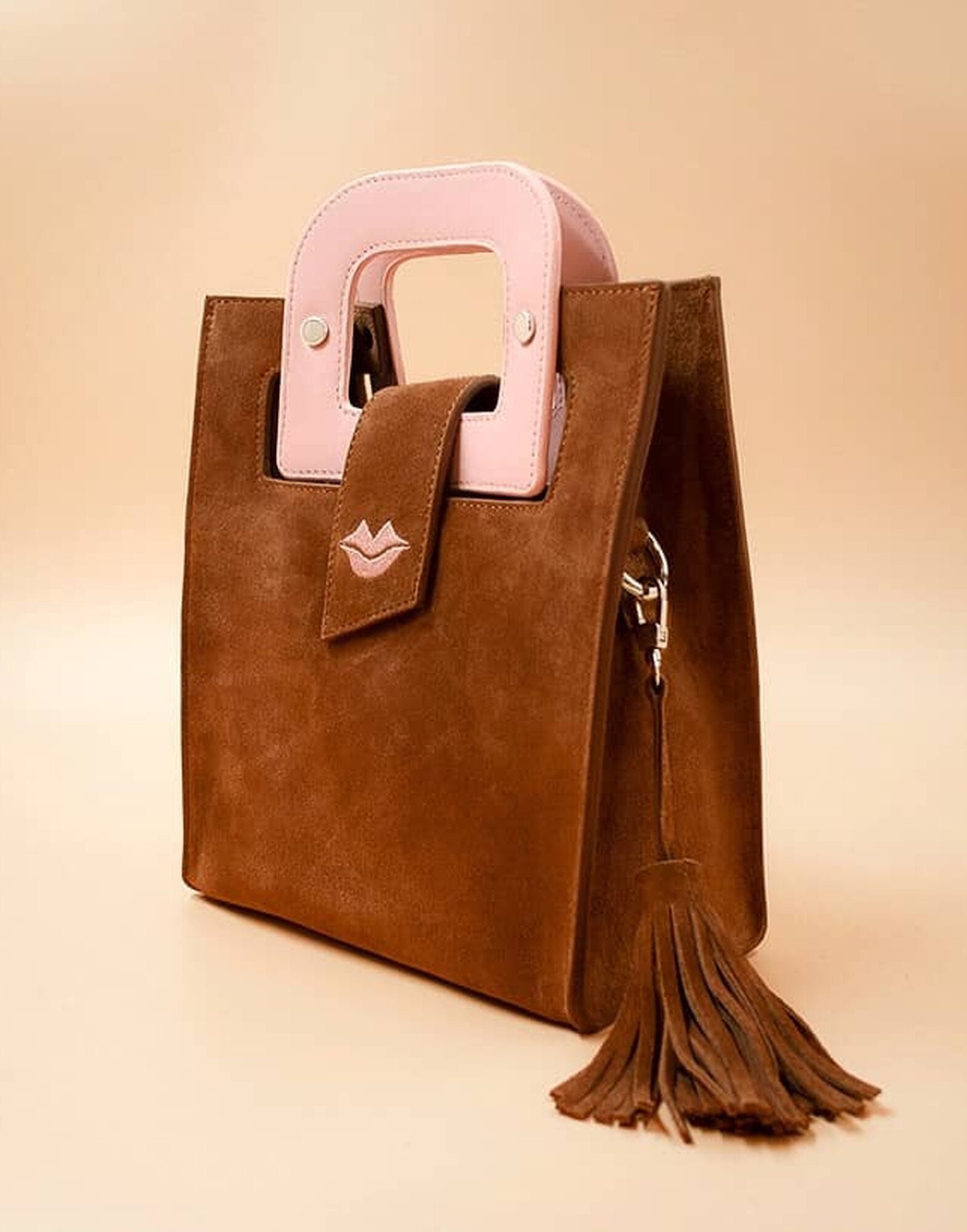 Sac en cuir camel daim ARTISTE, bouche et anses rose |Gloria Balensi