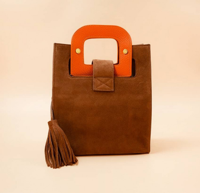 Camel beige suede leather bag ARTISTE, orange handle and mouth embroidery , view 4  | Gloria Balensi