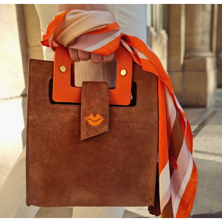 Camel beige suede leather bag ARTISTE, orange handle and mouth embroidery , view 2  | Gloria Balensi