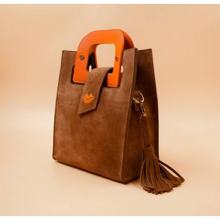 Camel beige suede leather bag ARTISTE, orange handle and mouth embroidery , view 3  | Gloria Balensi