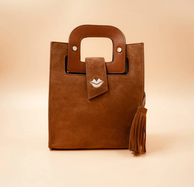 Camel beige suede leather bag ARTISTE, beige mouth embroidery , view 1  | Gloria Balensi