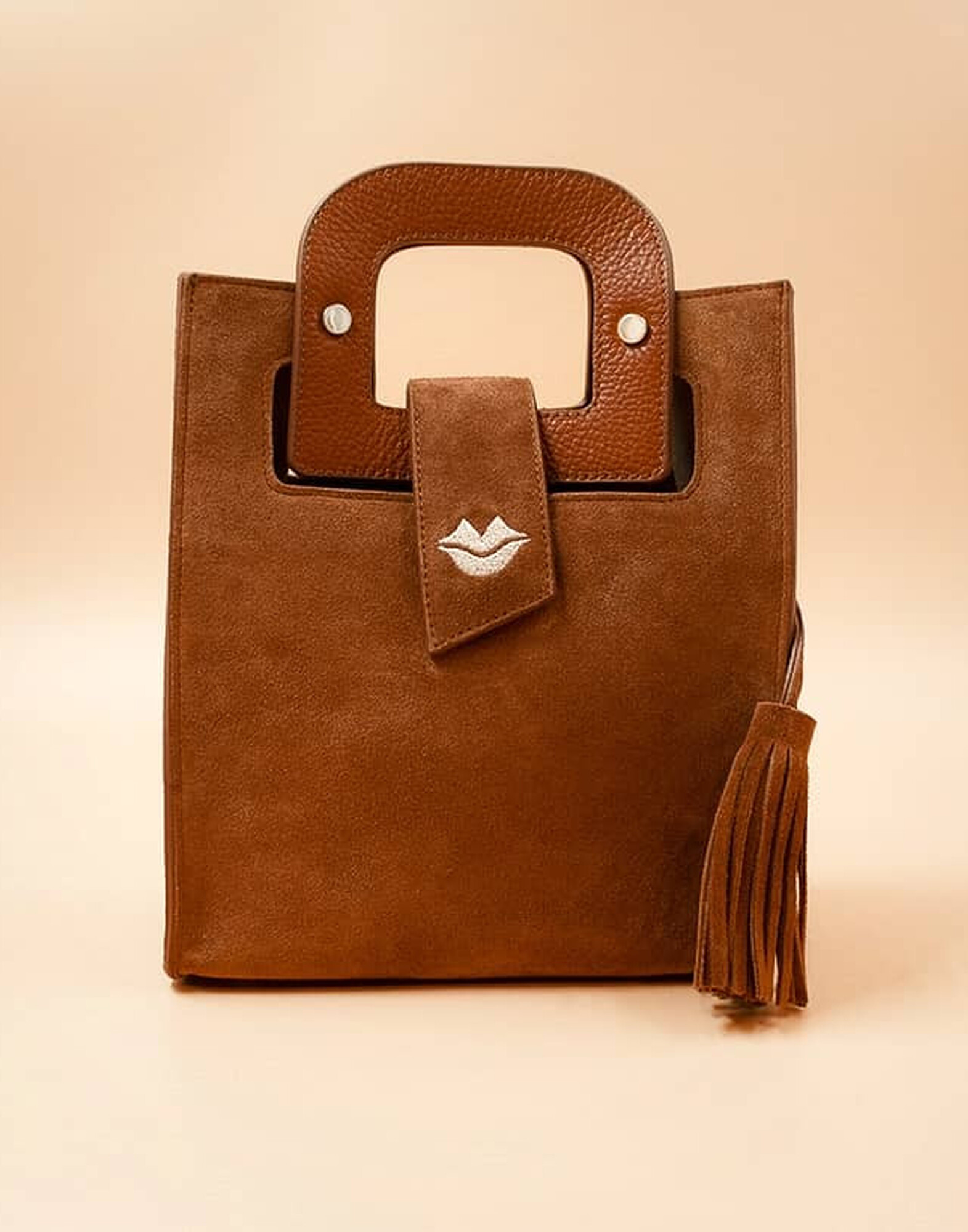 Camel beige suede leather bag ARTISTE, beige mouth embroidery |Gloria Balensi