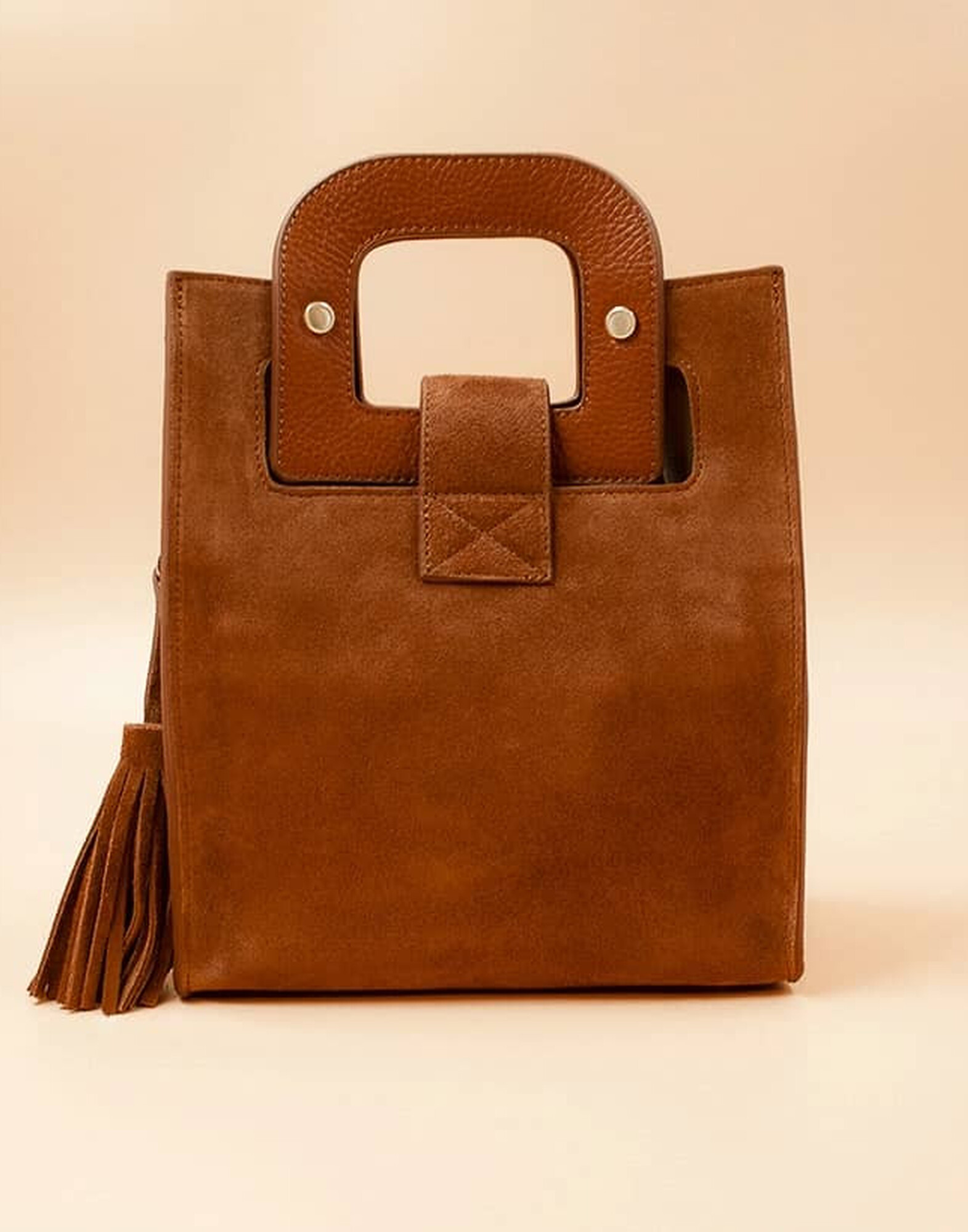 Camel beige suede leather bag ARTISTE, beige mouth embroidery |Gloria Balensi