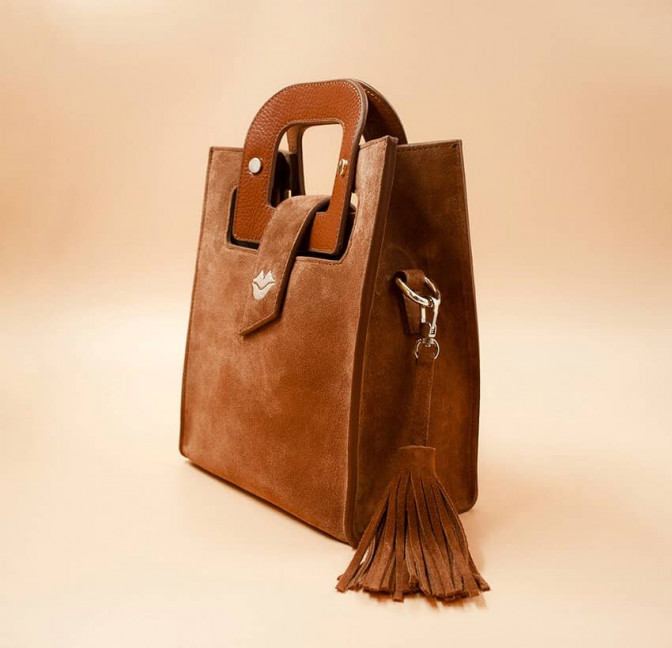 Camel beige suede leather bag ARTISTE, beige mouth embroidery , view 3  | Gloria Balensi