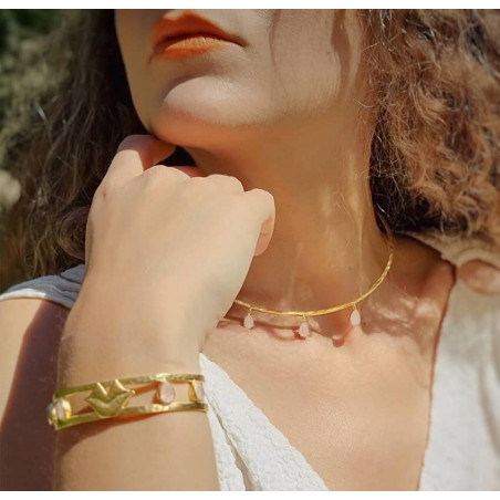 Bracelet jonc plaqué or OLYMPE avec quartz rose | Gloria Balensi bijoux