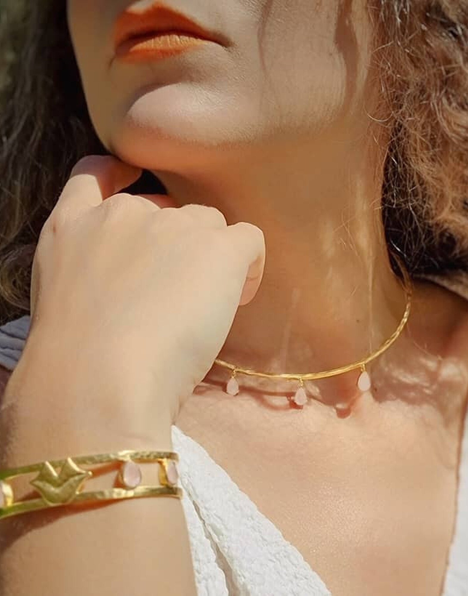 Bracelet jonc plaqué or OLYMPE avec quartz rose |Gloria Balensi