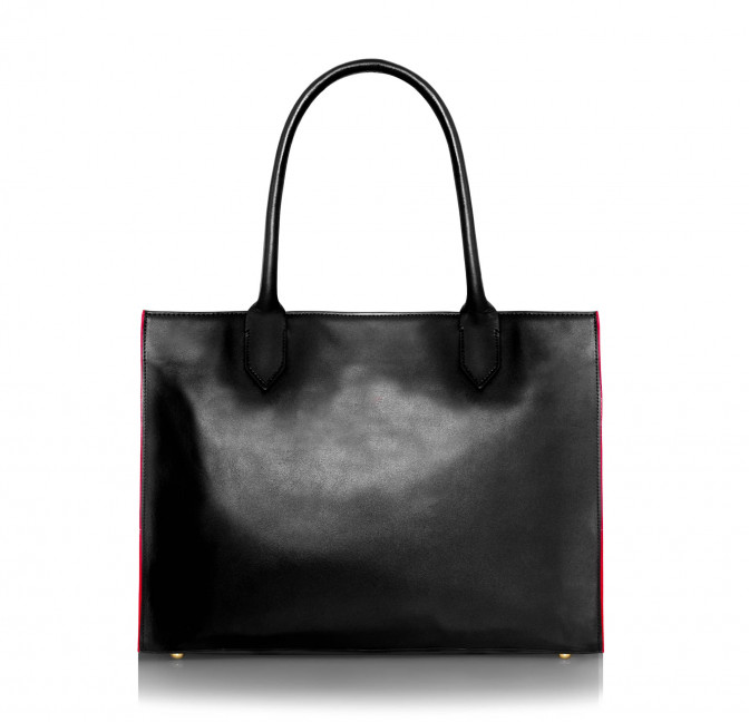 Black PARIS soft leather tote bag with red embroidered mouth and borders, back view |Gloria Balensi
