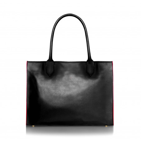 Black PARIS soft leather tote bag with red embroidered mouth and borders, back view |Gloria Balensi
