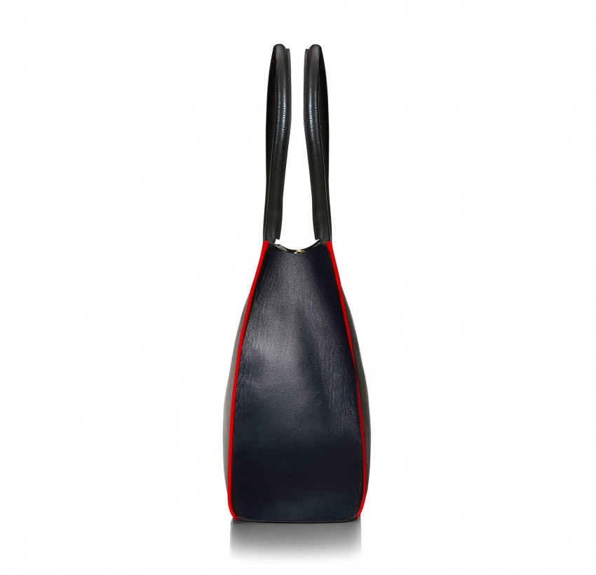 Black PARIS soft leather tote bag with red embroidered mouth and borders, side view |Gloria Balensi
