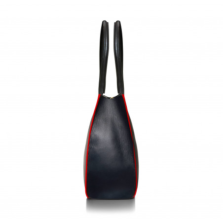 Black PARIS soft leather tote bag with red embroidered mouth and borders, side view |Gloria Balensi