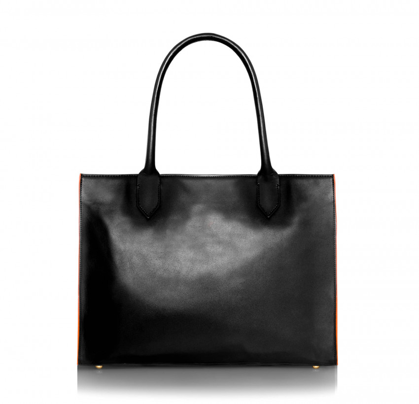 Black PARIS soft leather tote bag with oranges embroidered mouth and borders, back view|Gloria Balensi