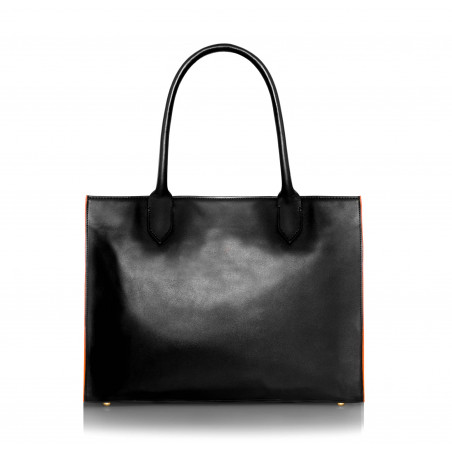 Black PARIS soft leather tote bag with oranges embroidered mouth and borders, back view|Gloria Balensi