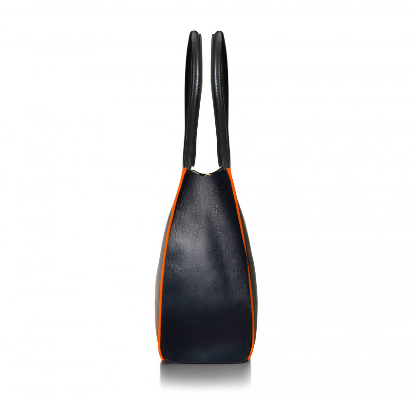 Black PARIS soft leather tote bag with oranges embroidered mouth and borders, side view|Gloria Balensi