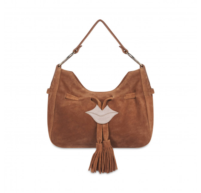 Camel suede MIKI CITY soft tote bag, front view | Gloria Balensi