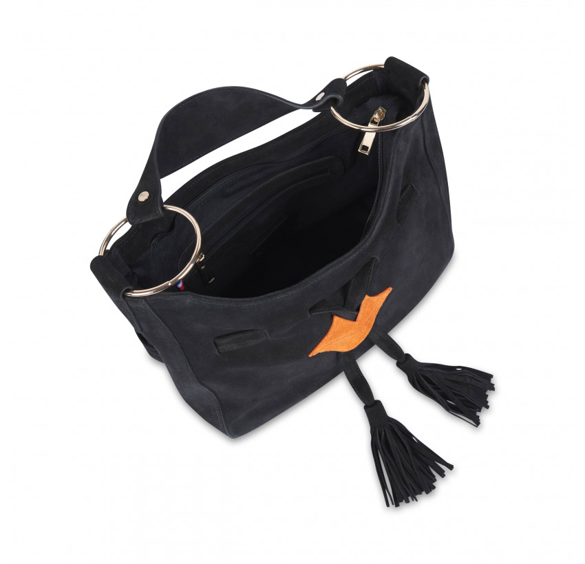 Black and orange suede MIKI CITY soft tote bag,  view 3 | Gloria Balensi