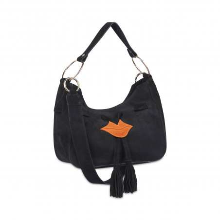 Black and orange suede MIKI CITY soft tote bag, 3/4 view | Gloria Balensi