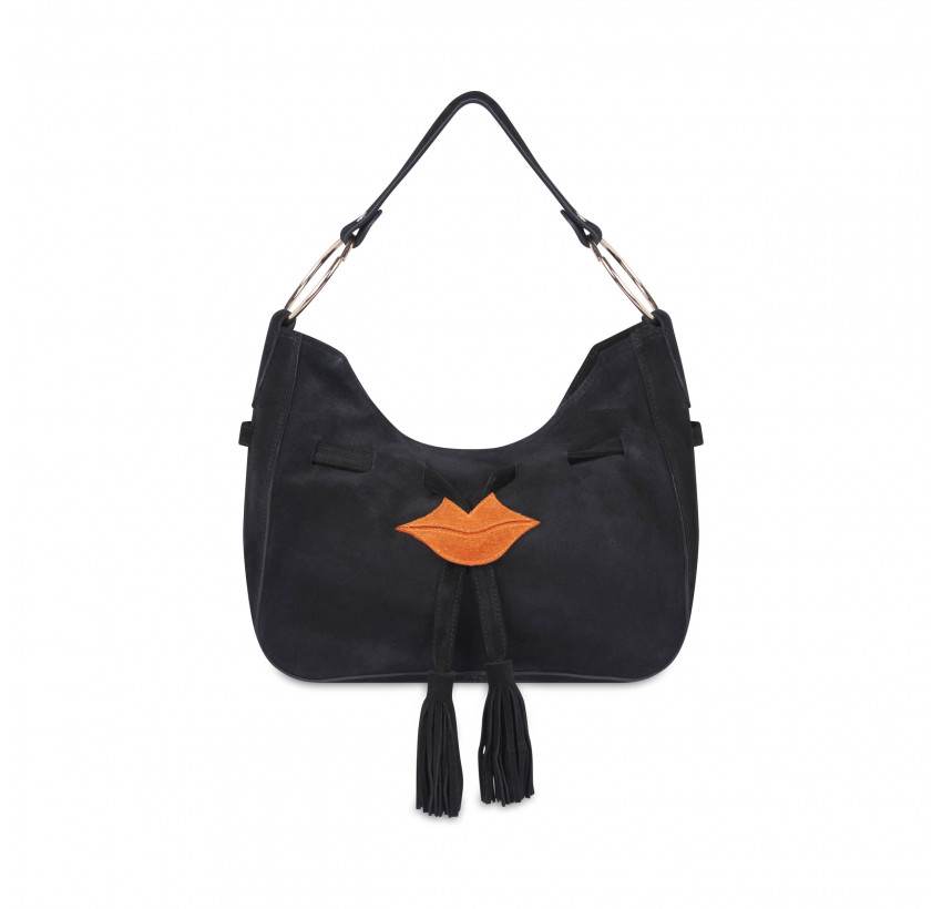 Black and orange suede MIKI CITY soft tote bag, front view | Gloria Balensi