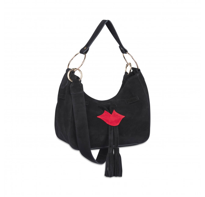 Black and red suede MIKI CITY soft tote bag, 3/4 view | Gloria Balensi