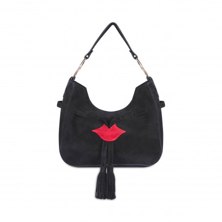 Black and red suede MIKI CITY soft tote bag, front view | Gloria Balensi